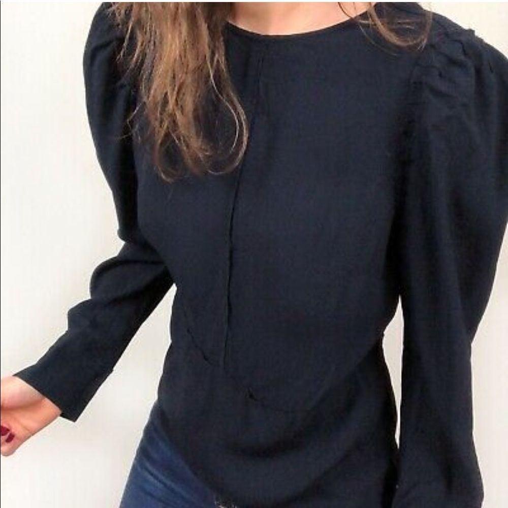 Lewit crepe navy blue raw seam gathered sleeve blouse